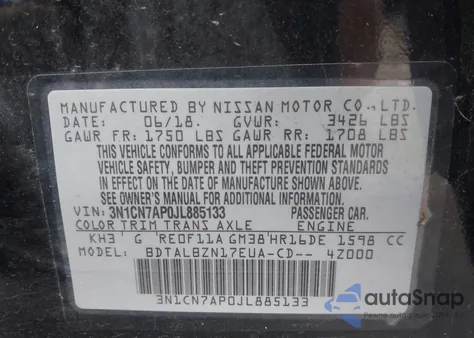 2018 Nissan Versa 1.6 Sv z USA, uszkodzony, nr VIN 3N1CN7AP0JL885133